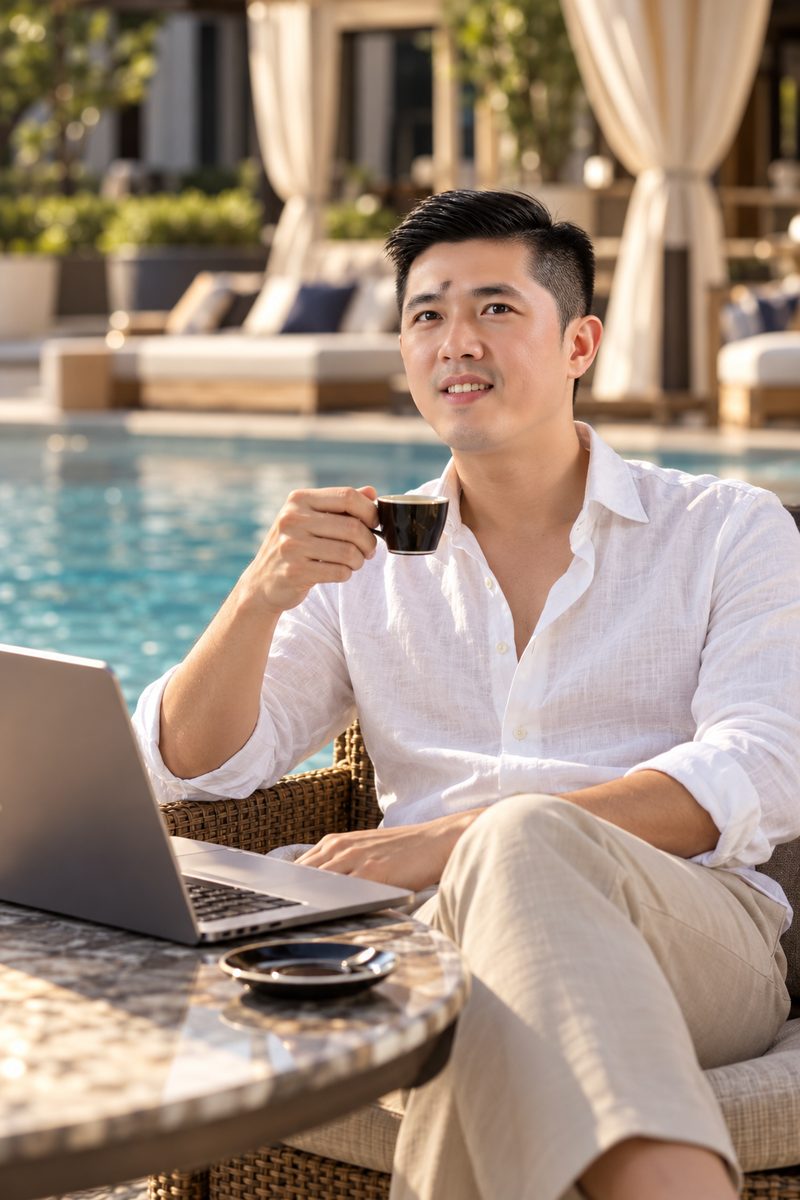 Phan Vi làm việc thư thả bên hồ bơi